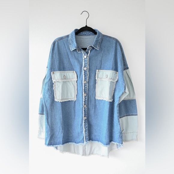 Oversized Patchwork Denim Shacket New Boutique Item - Picture 3 of 12